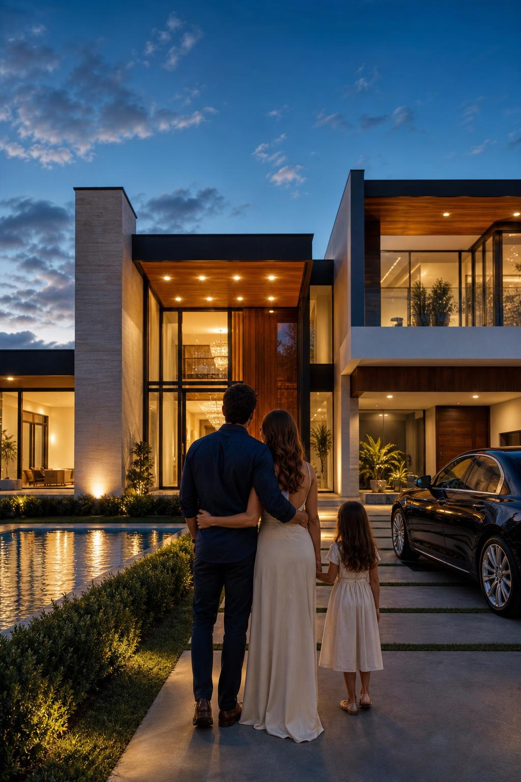 Família contemplando residência moderna ao entardecer — proteção patrimonial, legado e segurança Nobilis
